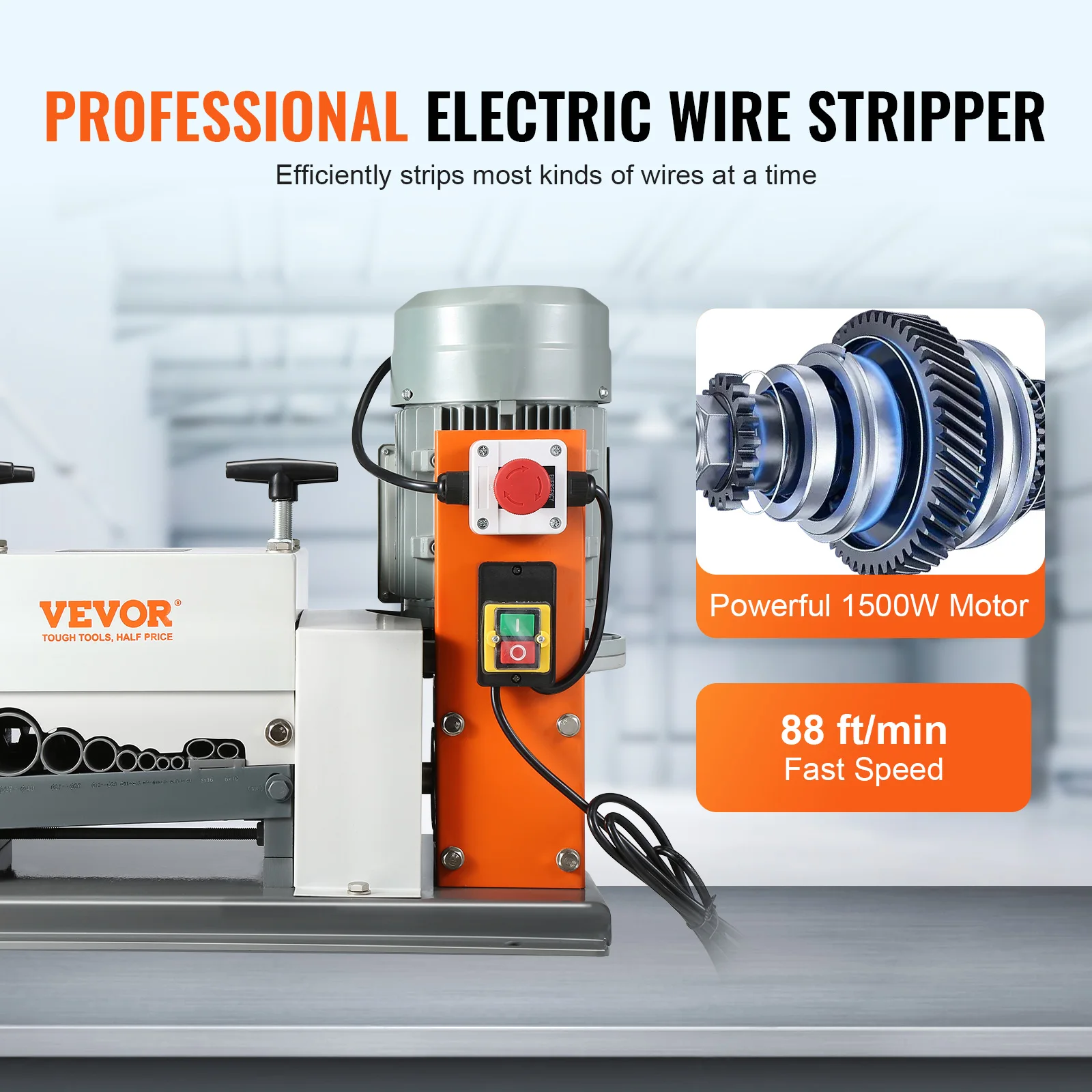 VEVOR Electric Wire Stripping Machine Cable Stripper Peeler 1500W 1.5-40mm 9 Channels with Double Blades Scrap Copper Recycling