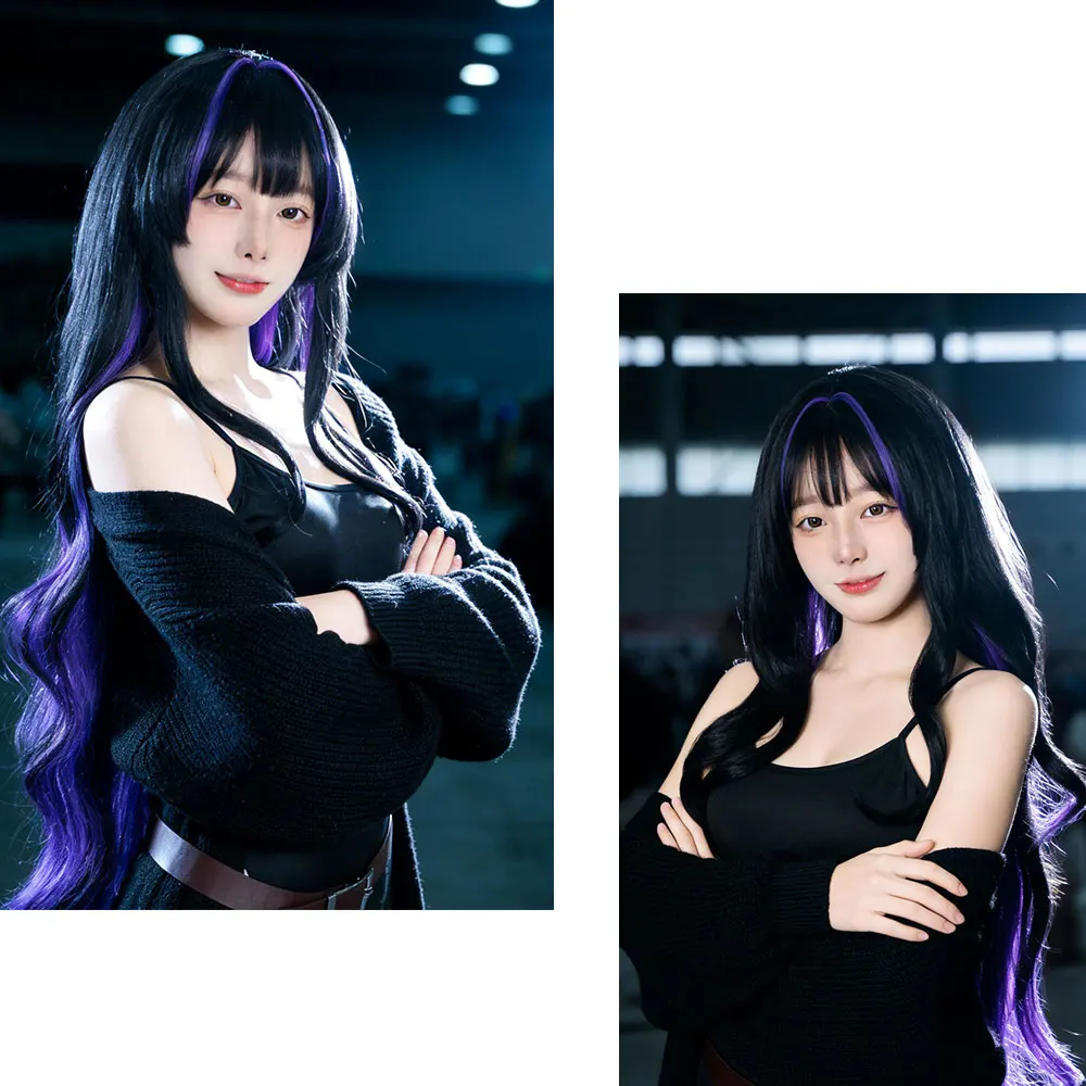 Lebreil Cosplay Wig Fiber Synthetic Wig「HSIU」 95Cm Black Mixed Purple Long Wig+Wig Cap Game Nikke Lebreil Cosplay