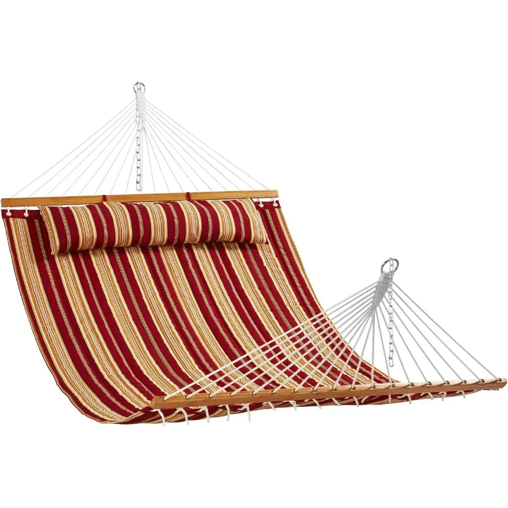 Double Quilted Fabric Hammock, 12 FT Double Hammock with Hardwood Spreader Bars, 2 Person Quilted Hammocks