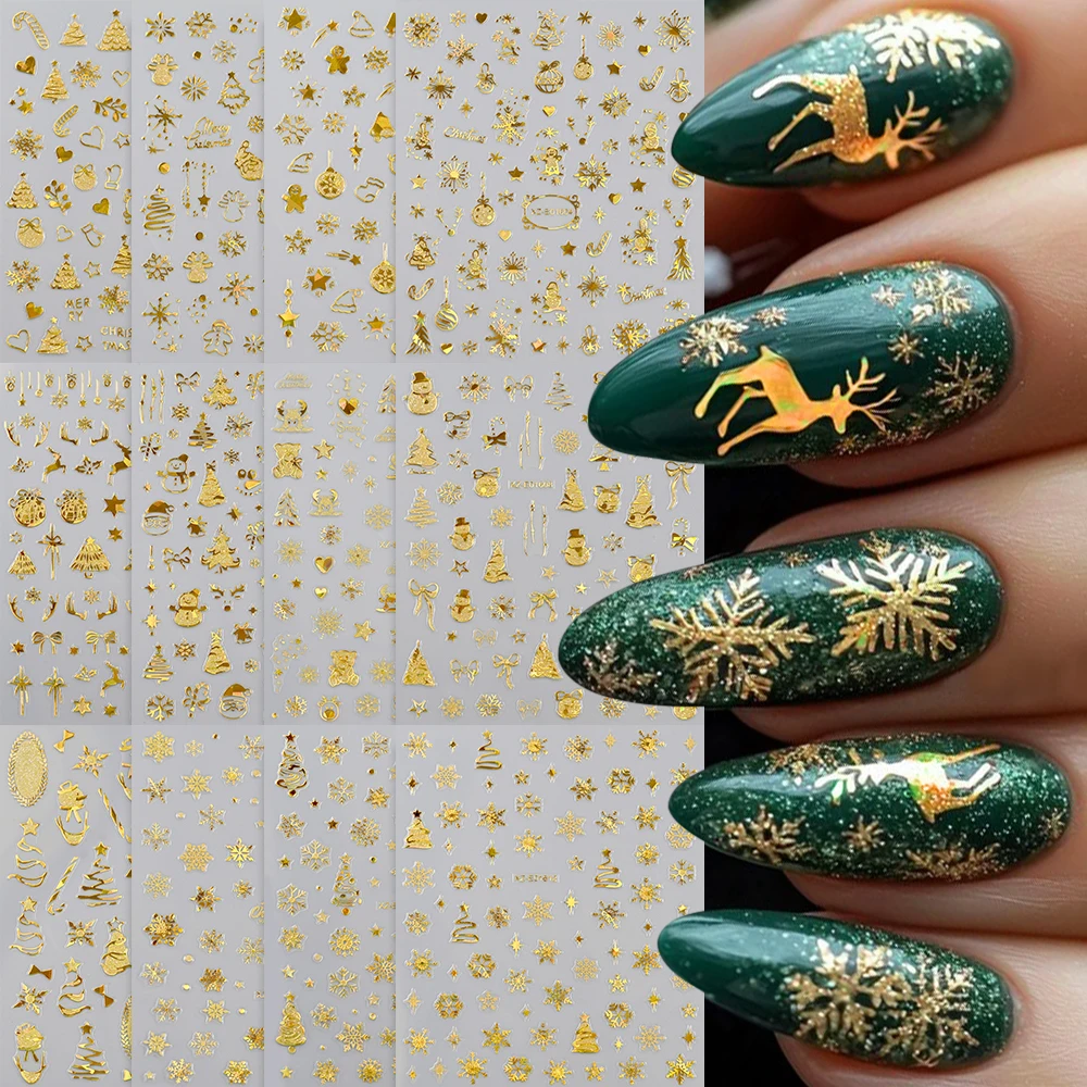 12 pièces Laser bronzant or 3D noël autocollant pour ongles Y2K flocon de neige cerf wapiti père noël ongles décalcomanies bonhomme de neige noël manucure autocollant