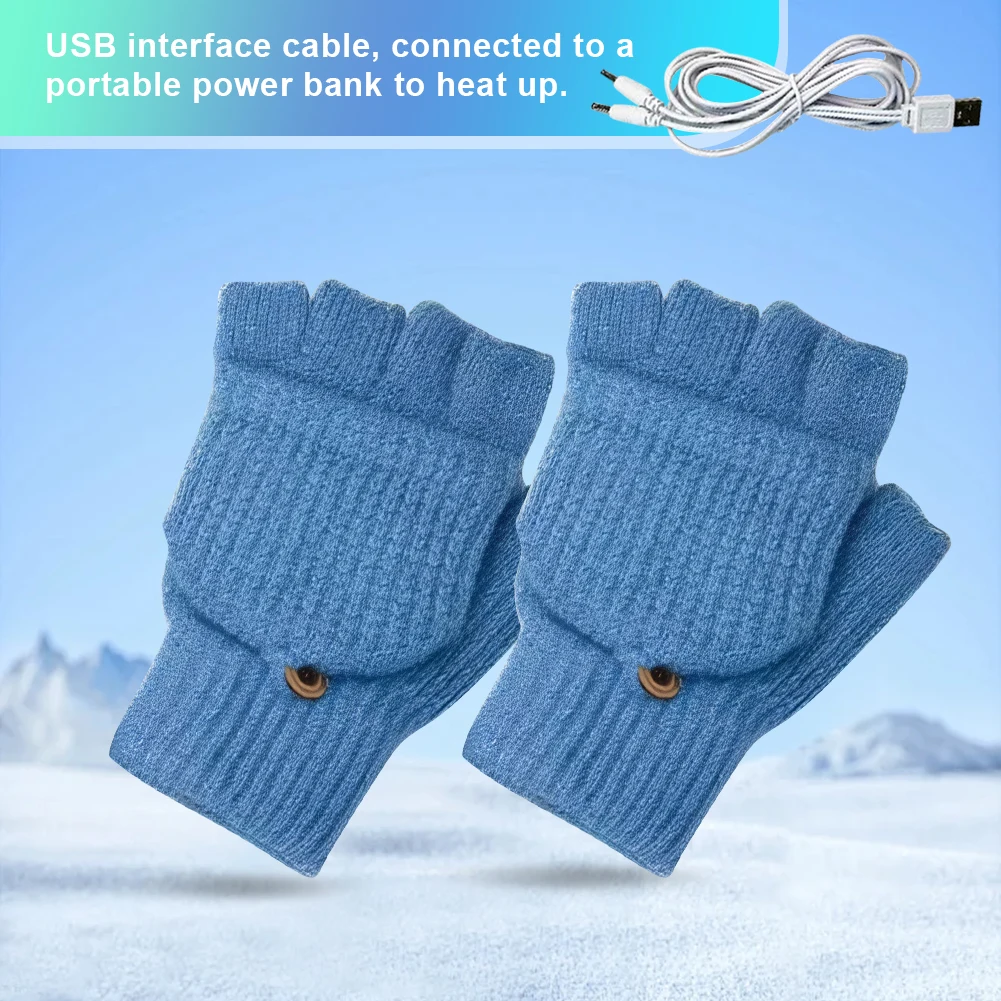 USB Heated Knitted Gloves Thermal Knitting Mitts Non-Slip Winter Cycling Gloves Thicken Flip Top Mittens for Outdoor Sports