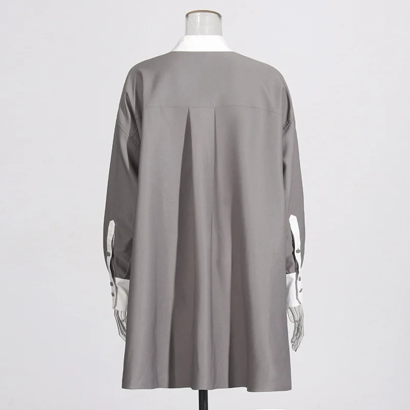 HKSH Frühling Herbst Neue Frauen Kurzes Kleid Farbe Block drehen-unten Kragen Mit Langen Ärmeln Elegante Trend Übergroßen Hemd Kleider HK16270
