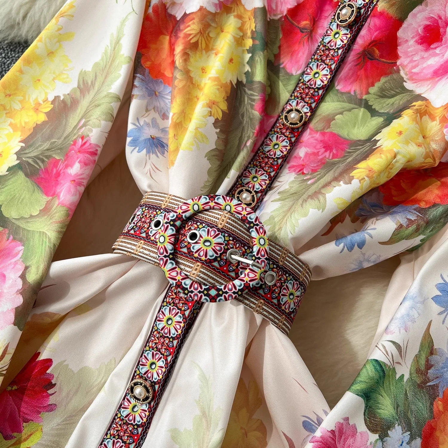 Férias de verão flor robe vestido feminino renda emenda manga longa alargamento único breasted cinto floral impressão maxi vestidos roupas