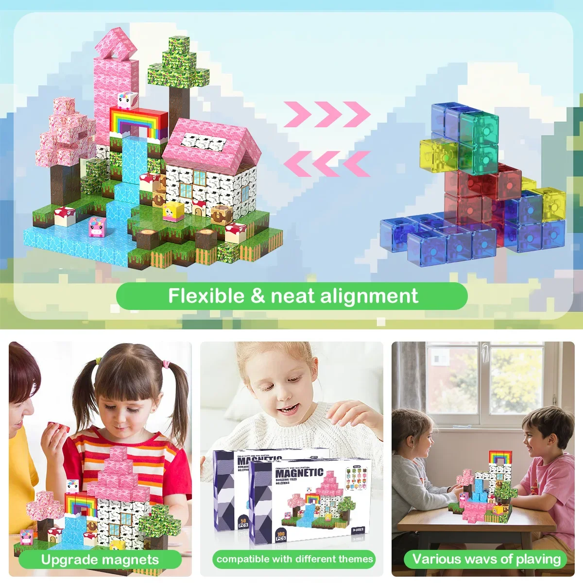 Conjunto de blocos de construção magnéticos com tema arco-íris, 2.0cm, mini tijolos quadrados moc, brinquedo educacional de montagem magnética, presente de aniversário para crianças