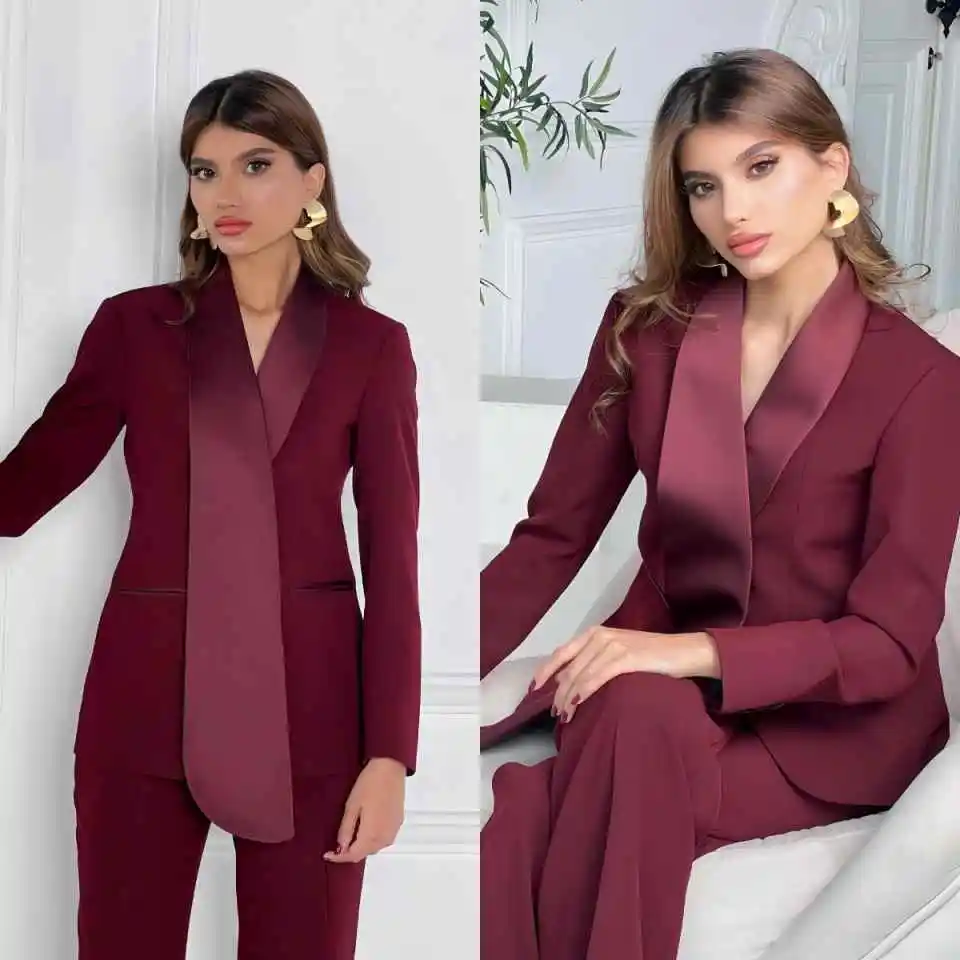 Elegant Splicing Women Suits 2 Pieces Jacket Pants Single Breasted Satin Jacket Lady Banquet Party Street Customized