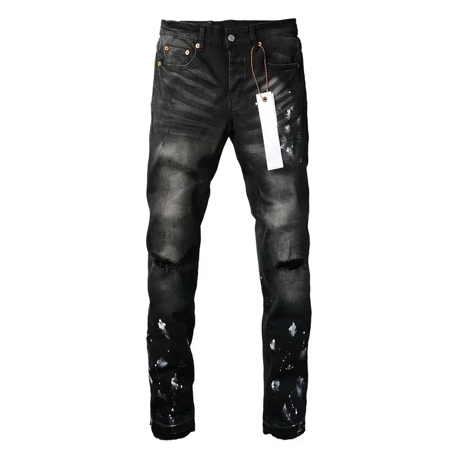 

Fashion top quality Purples Jeans Men Brands High Street Paint Dot Knife Cut Hole Repair Low Rise Skinny Denim Pants