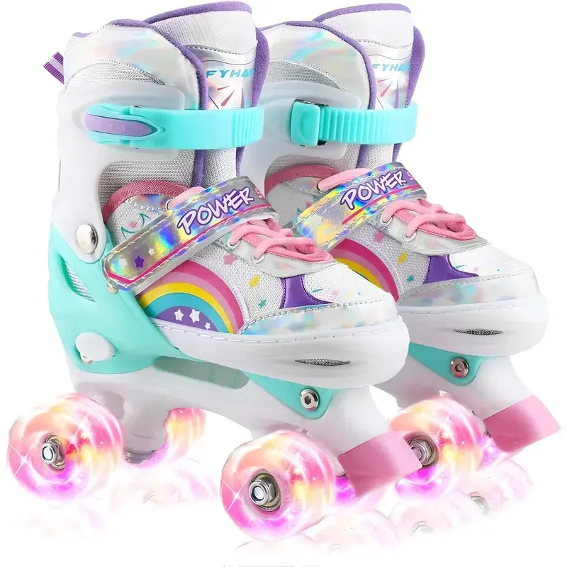 Boys Girls Kids Skates Children Roller Skates Skating Shoes PU Flashing 4 Wheels Roller Skates Sliding Adjustable Quad Sneakers