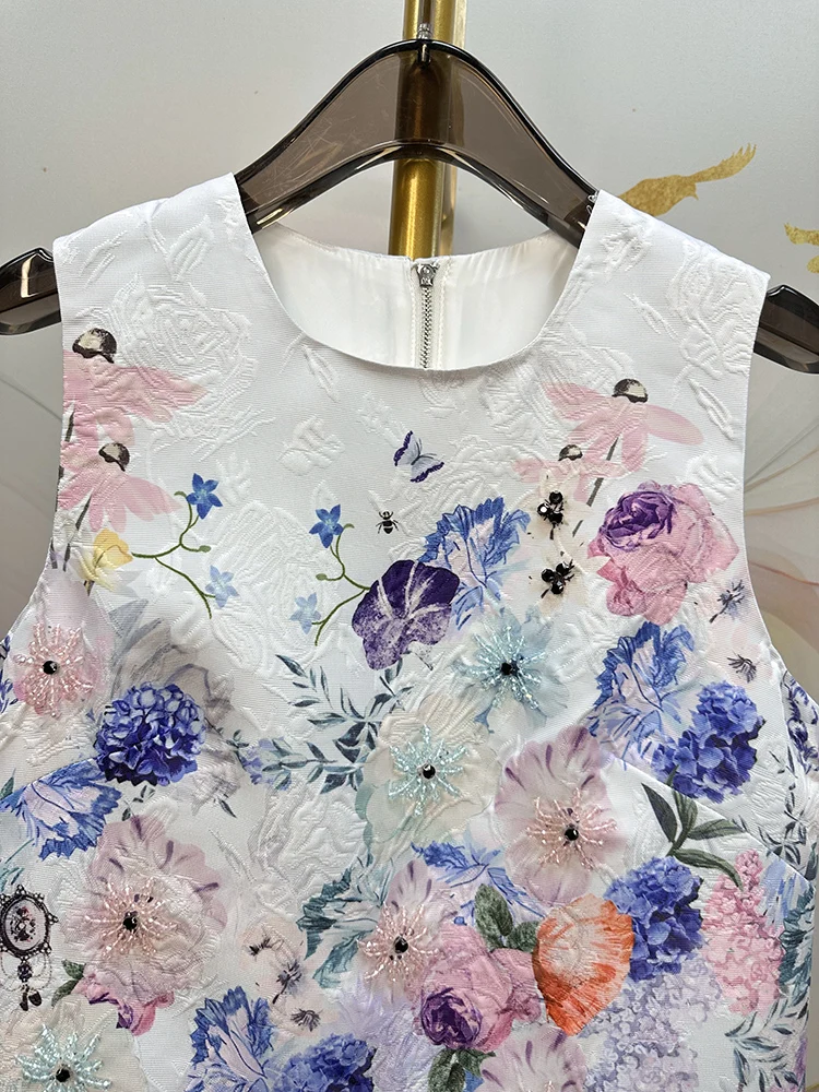 Chinese Style Heavy Industry Bead Diamond Print Party Dress Round Neck Sleeveless Elegant Socialite Tank Mini Dress Women Summer