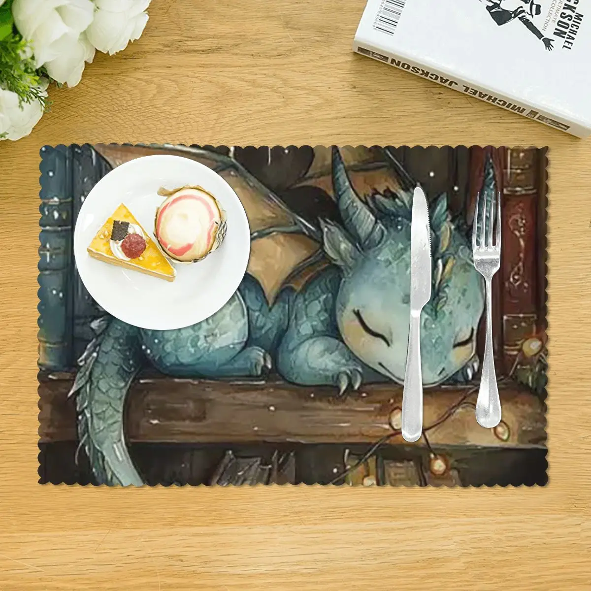 Book And Sleeping Dragon Placemat Non-Slip Plate Mat for Dining Table Bowl Coaster Super Absorbent Mats