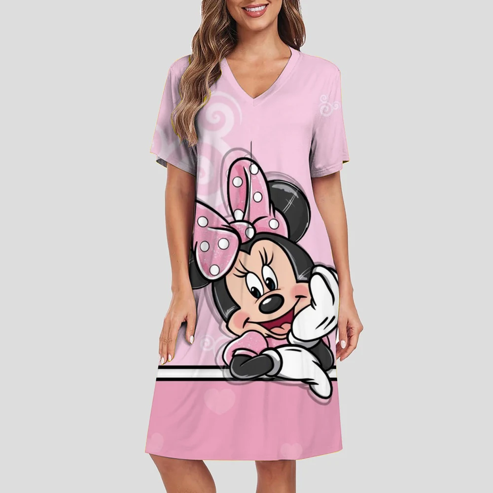 

Casual and elegant short sleeved V-neck dress, summer fashion, casual V-neck long dress, Disney Mickey Mouse printed street fash