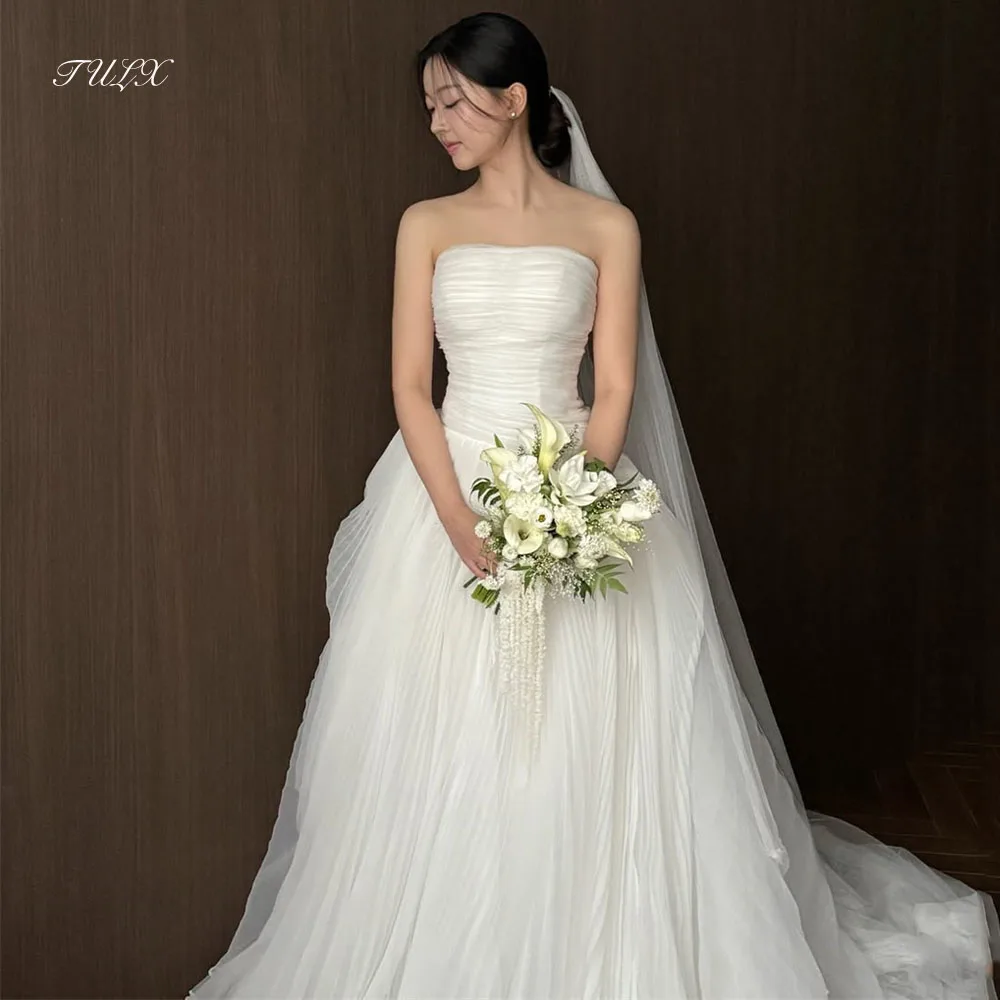 TULX Elegant Organza Wrinkled Long Wedding Dresses Korea Photo Shoot Strapless A-line Bridal Gown Corset Customized 웨딩드레스 2026