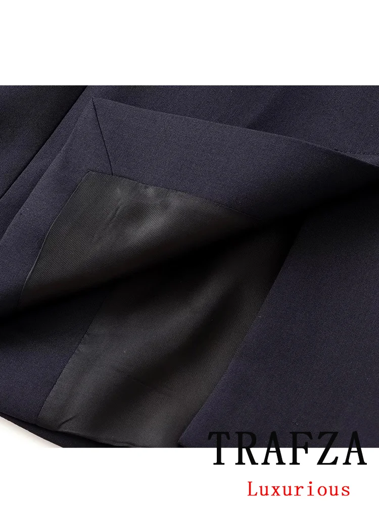 TRAFZA Vintage Office Lady Black Solid Suit Single Breasted V Neck Pockets Blazer Straight Loose Pants Fashion 2024 Autumn Sets