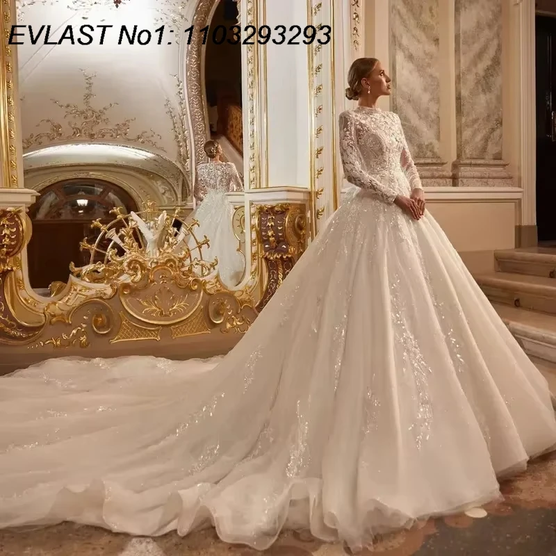 

EVLAST Customized Sparkly A Line Long Sleeve Wedding Dress For Women Shiny Lace Applique Bridal Gowns Robe De Marie TBD28