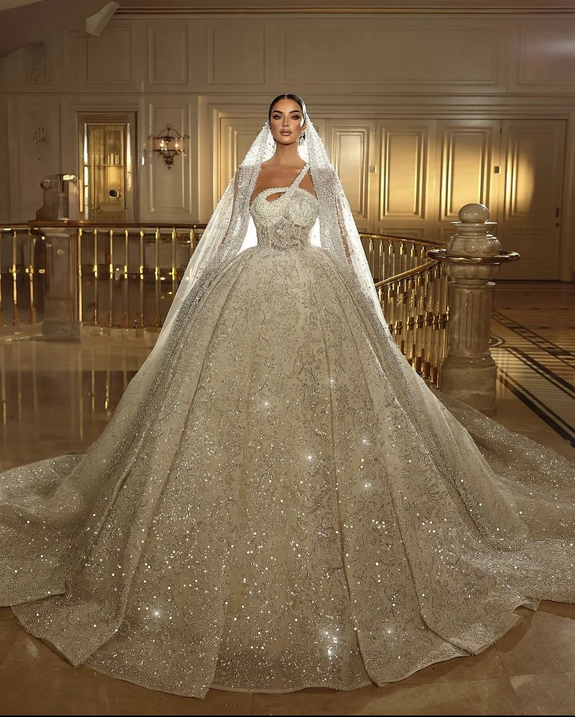 Custom Luxury Champagne One Shoulder Ball Gown Wedding Dress