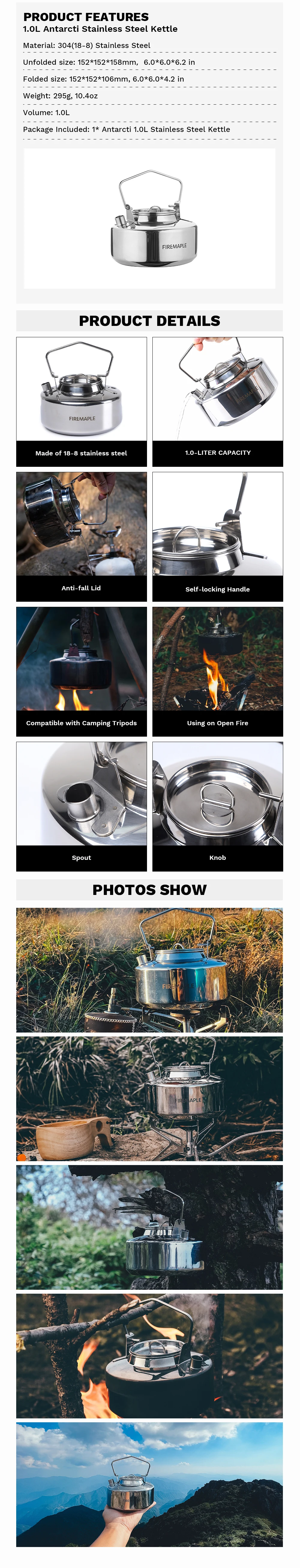 Fire Maple Antarcti Stainless Steel Backpacking Camping Kettle Bushcraft Outdoor Durable Teapot S304 0.6/1.0/1.2/1.5L 295g