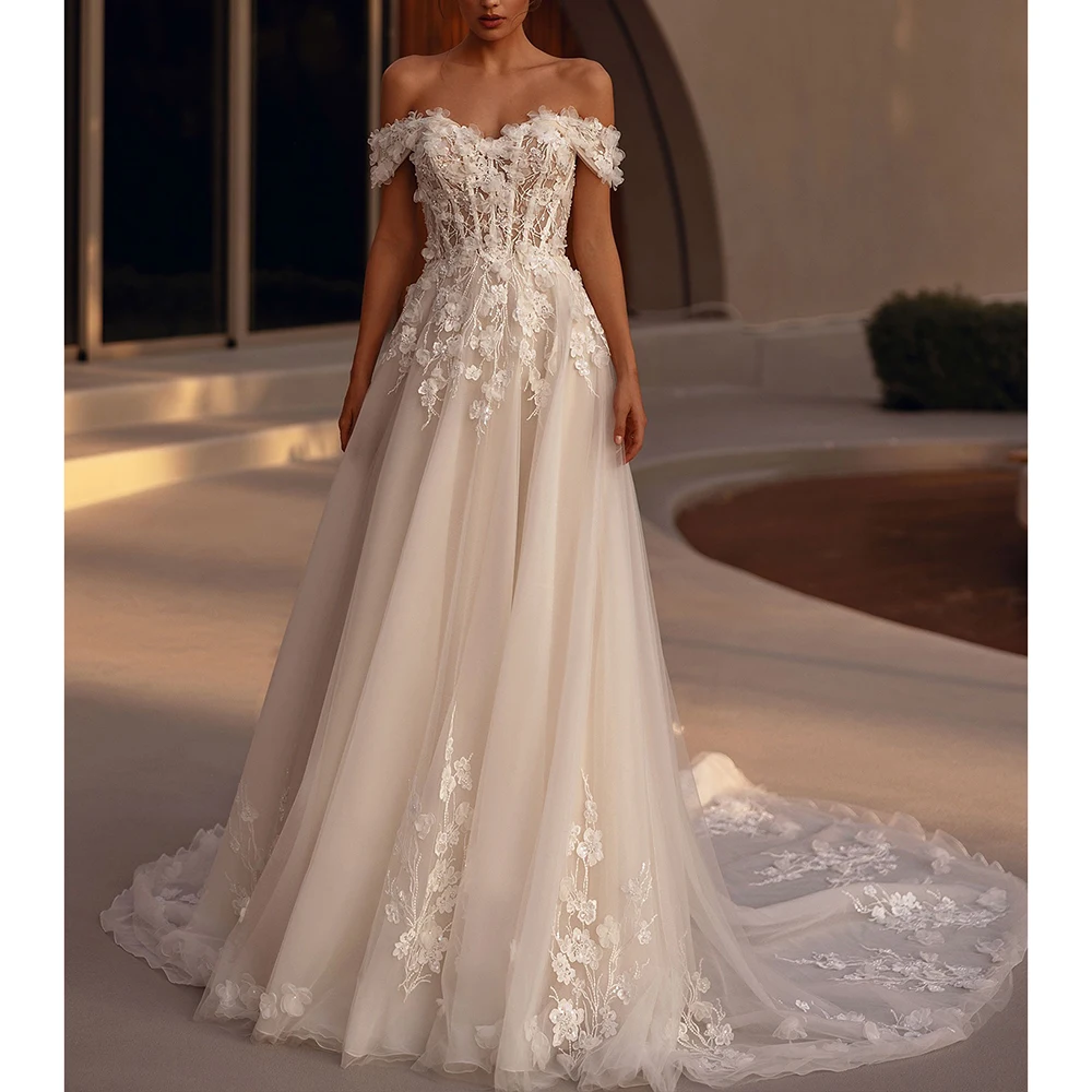 

Boho Off Shoulder Tulle Appliques A-line Wedding Dress Lace Button Back Floor Length Luxury Bridal Dress with Train Custom Made