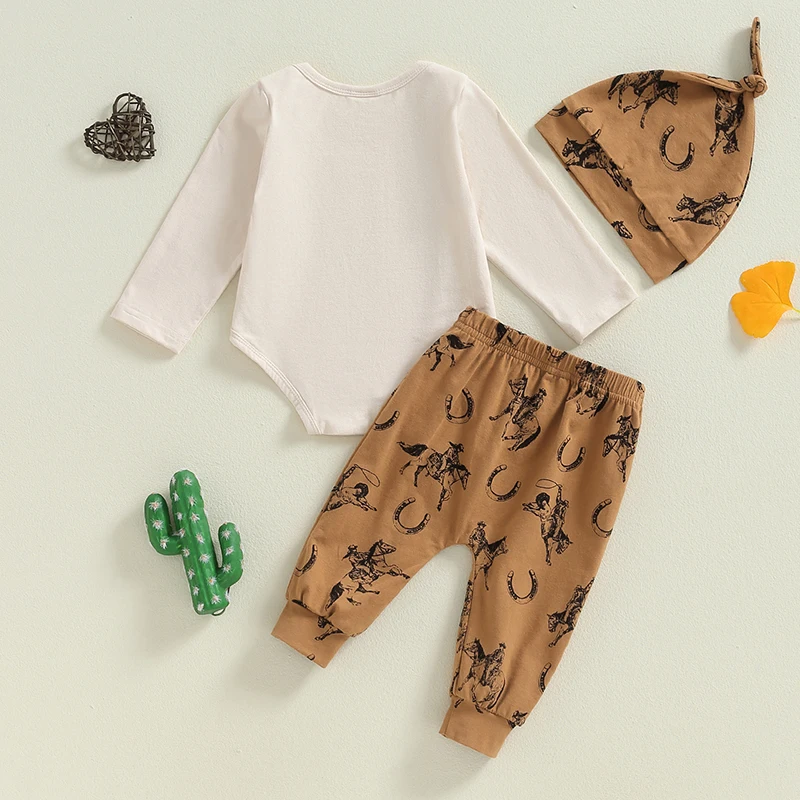 2024-05-30 Lioraitiin  Baby Boys 3PCS Outfit Sets Long Sleeve Letter Print Romper Horse Print Pants Hat Sets