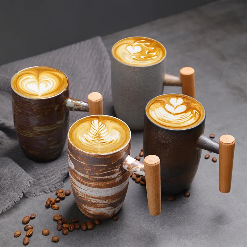 1PC Kreative holzgriff grobe keramik kaffeetasse Japanische retro keramik becher vintage tee tasse