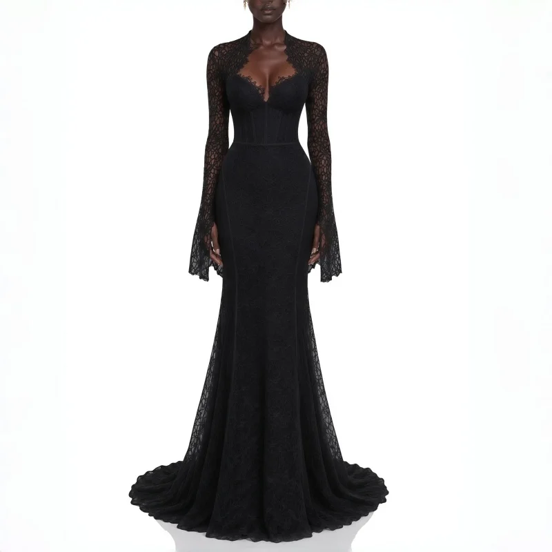Customized Black Long Sleeve Lace Evening Dresses 2026 Elegant Women Party Dress Mermaid Floor Length Formal Gowns Banquet Prom