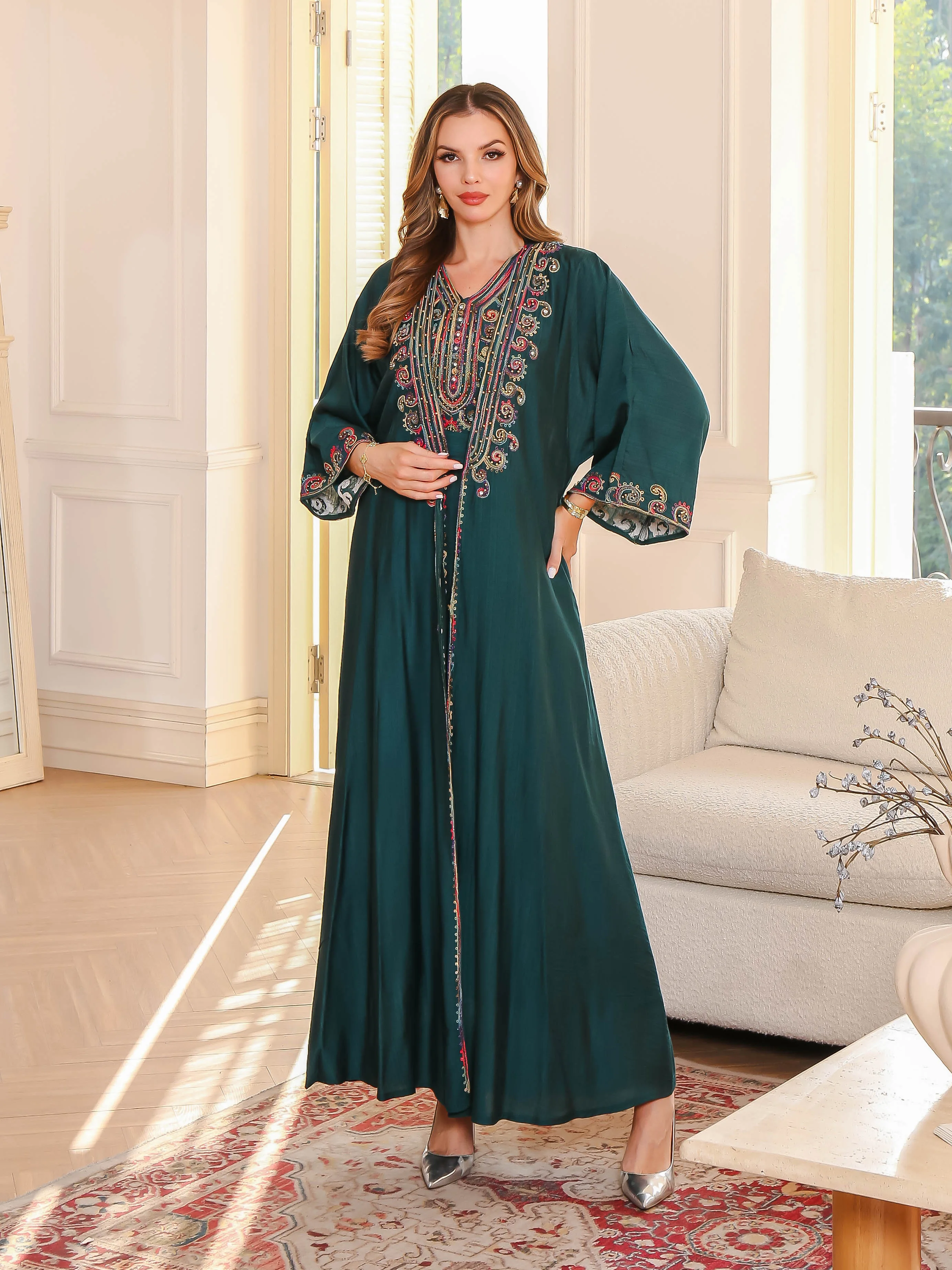 

Ближневосточный мусульманский халат с вышивкой Абая, легкое роскошное вечернее платье, комплект из двух предметов, европейский и американский трансграничный мусульманский халат