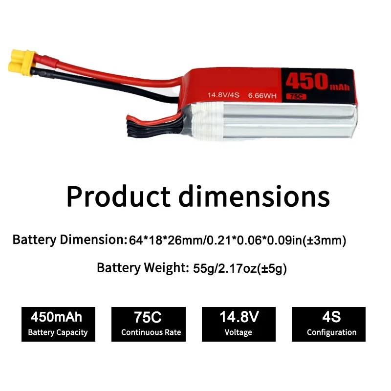 Premium Quality 75C High Discharge Battery 4S 14.8V 450mAh For RC FPV Quadcopter Spare Parts