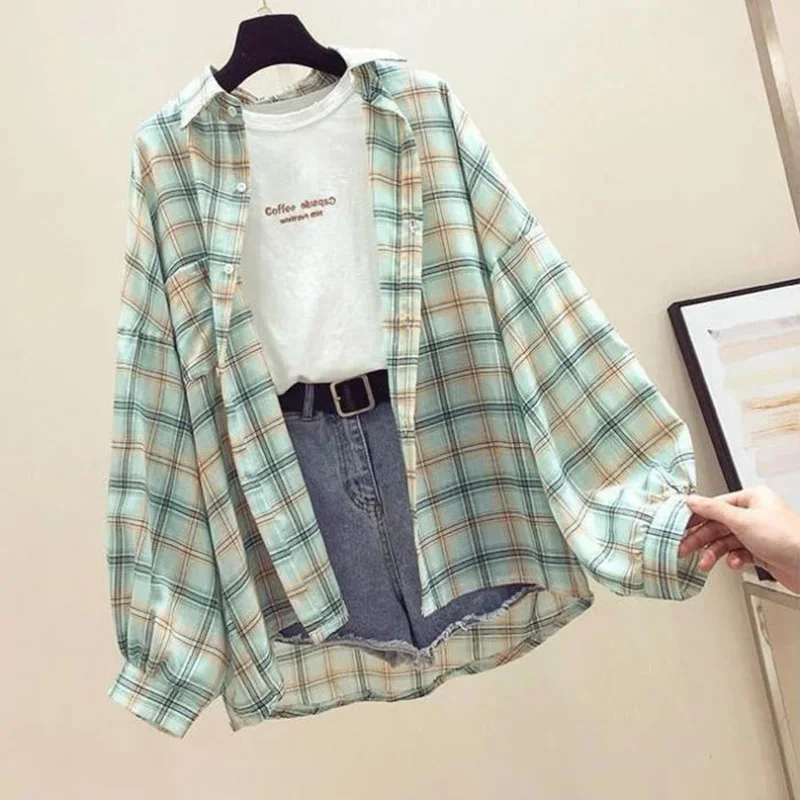 Vintage Plaid Shirts Women Autumn Long Sleeve Oversize Button Up Shirt Korean Fashion Casual Fall Outwear Tops Blusas Mujer 2024