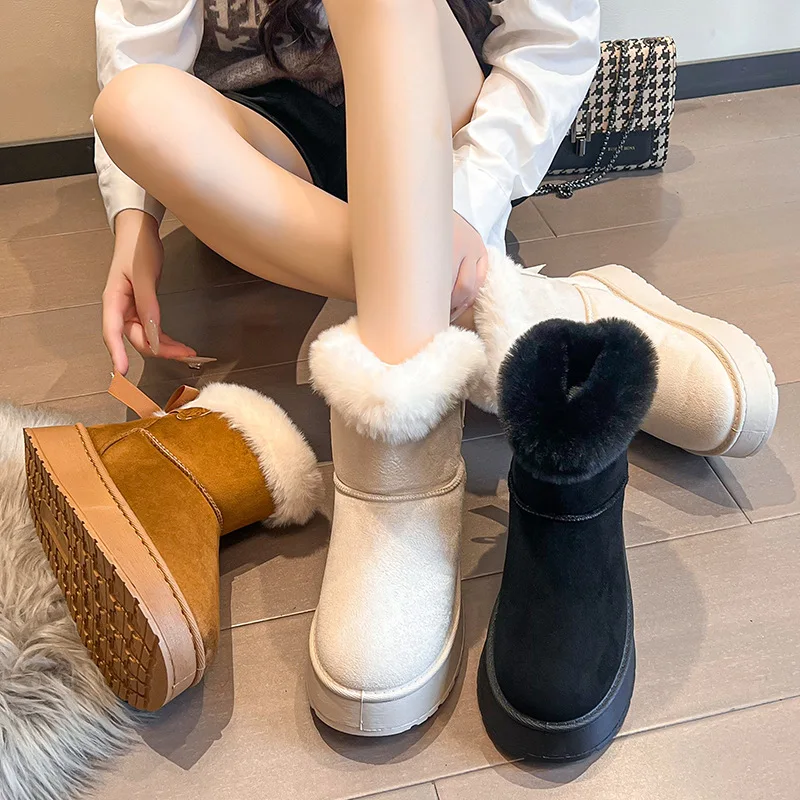 

Winter Thick Soled Velvet Women's Snow Boots Hairy Mouth Warm Bow Decoration Ankle Boots Casual Beige Black Women's Boots