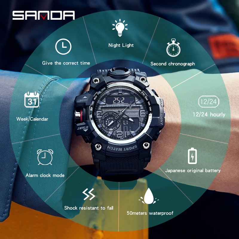 Sanda Men's Sports Watches,Waterproof LED Digital Timer With Alarm Quartz Watch For Men Analog,Electronic relógios masculino