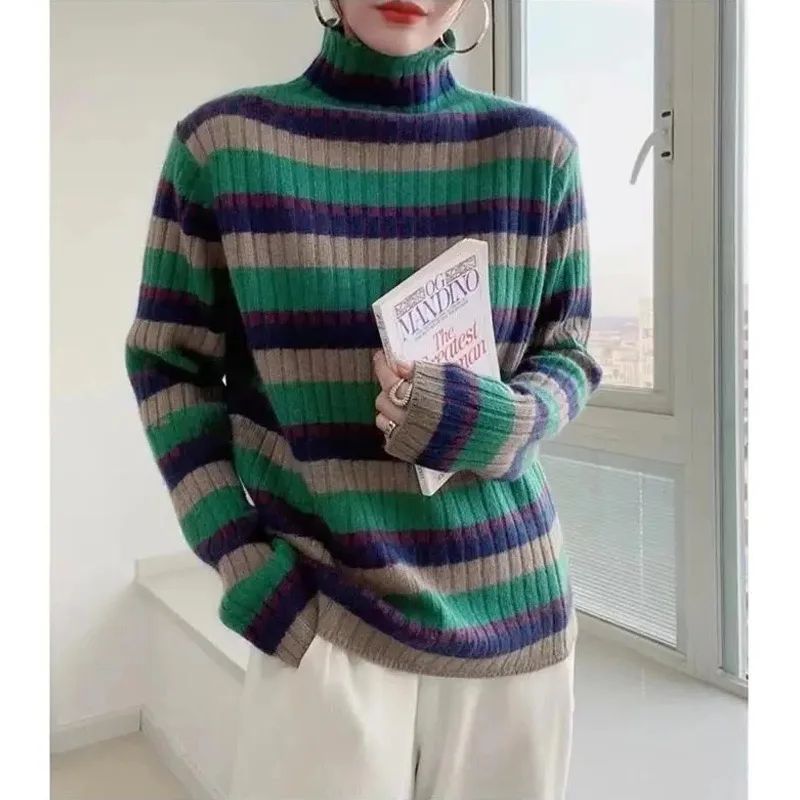 Women Clothing Striped Knitted Sweaters Autumn Winter Thick Warm Loose Casual Pullovers Fashion Soft Comfortable Knitwear Tops