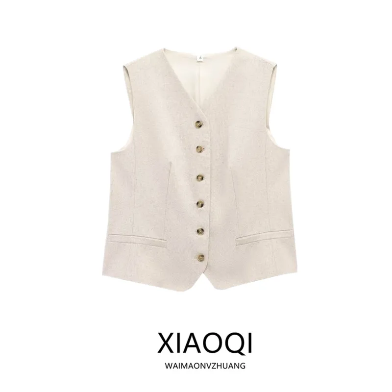 Comfortable Linen Blend Suit Vest Spring 2025 Women's Fashion Versatile Commute Friendly Single Button Closure Regular Length