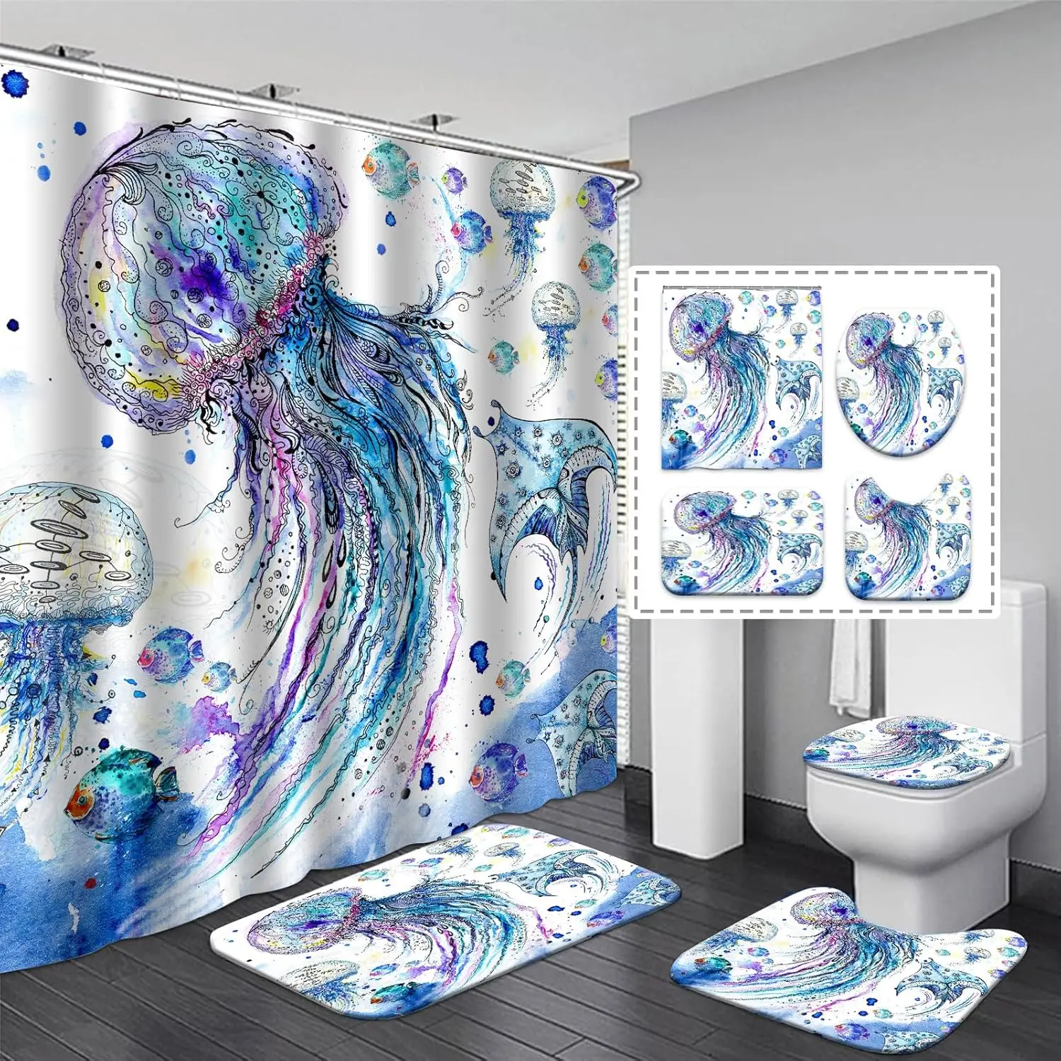 

Занавеска для душа в виде медузы, костюм для ванной комнаты, занавеска для душа с изображением морских животных и ковер, аксессуары для украшения пляжной ванной комнаты, 4 шт.