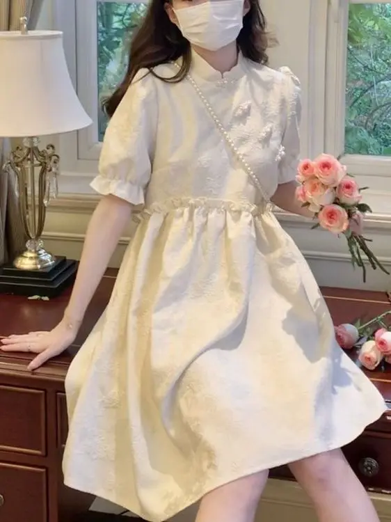 

Новое белое платье в китайском стиле для женщин, летнее, легкое, ретро, миди, уникальный дизайн, платье-ципао с высокой талией и коротким рукавом