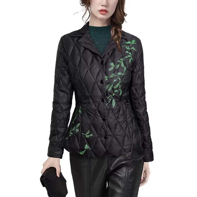 Damskie kurtki puchowe z kołnierzem, czarne, haftowane, ultracienkie, ciepłe, lekkie, z puchu kaczego, eleganckie, codzienne.