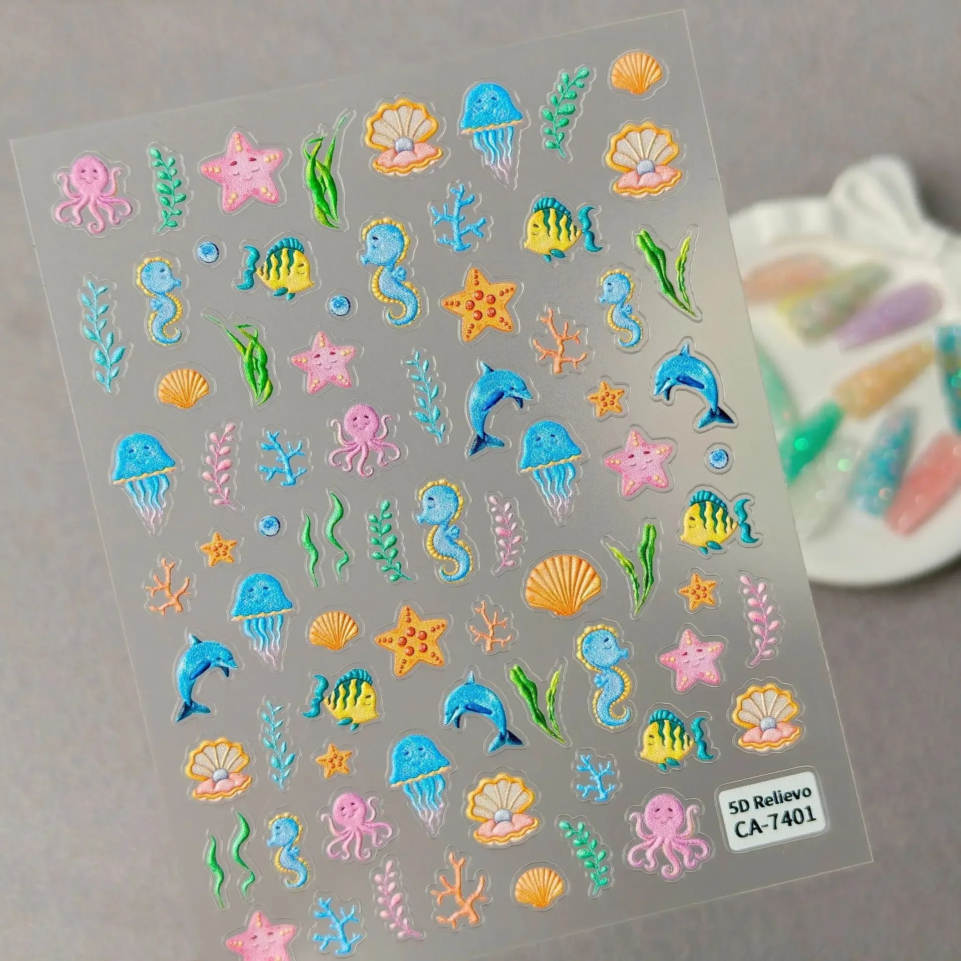 1 Set 5D Embossed Ocean Nail Stickers Colorful Seashell Conch Dreamy Bubble Self Adhesive DIY Manicure Nail Art Decor