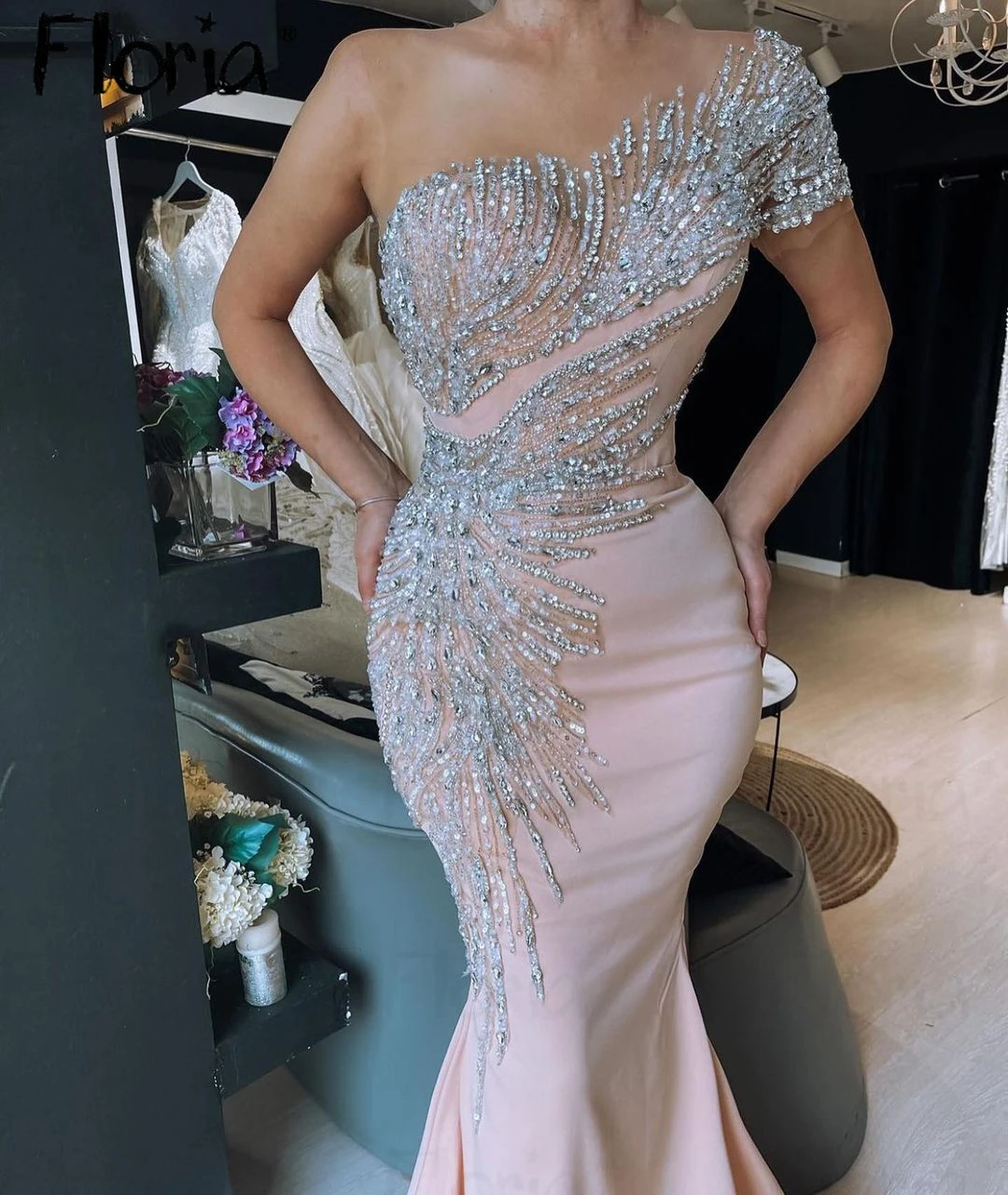 Floria Pink Glitter Evening Dress Withe Detachable Train Long Sequins Prom Dresses Elegant Party Dress 2024 Engagement Dress