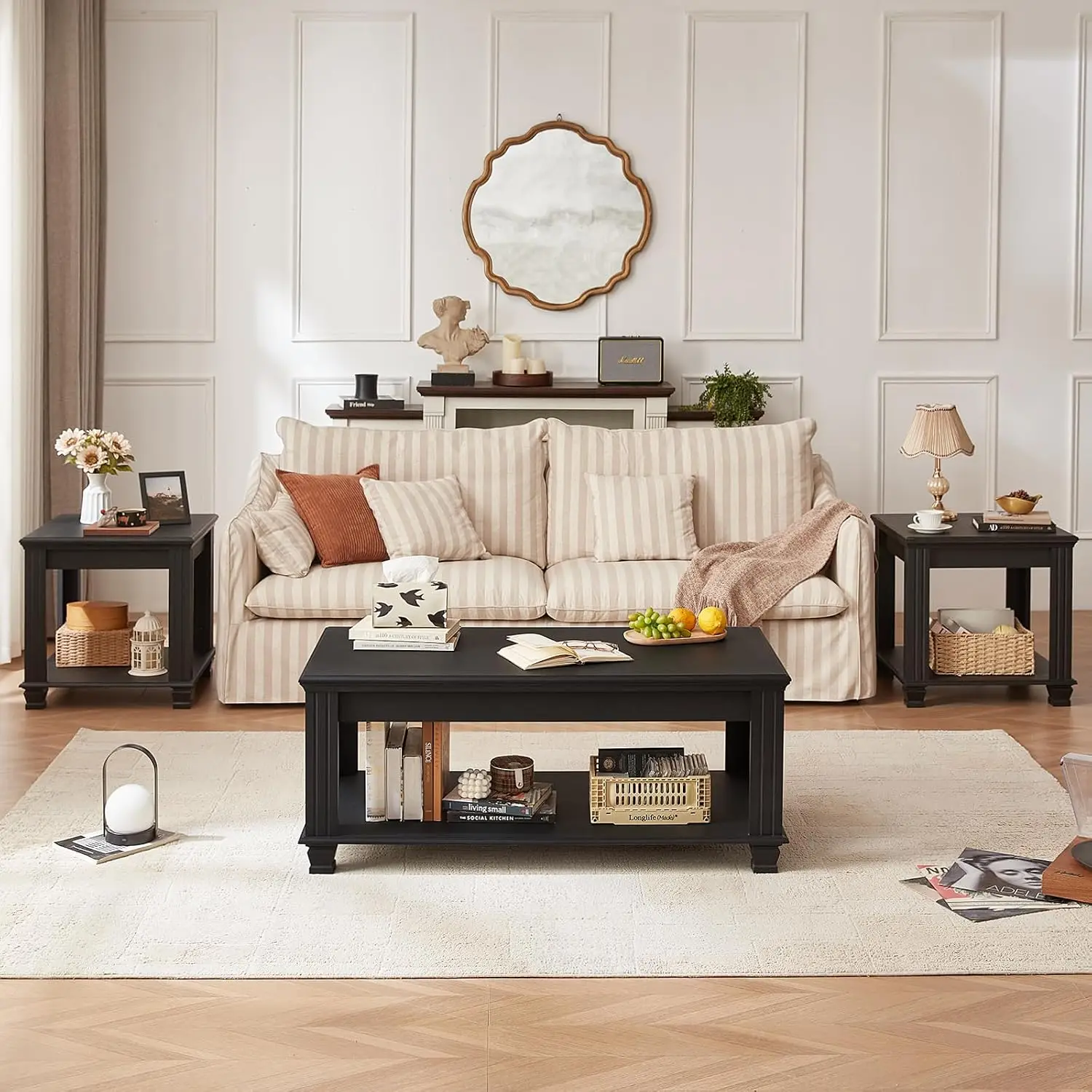 Farmhouse Coffee Table Set 3-Piece Black, Customized