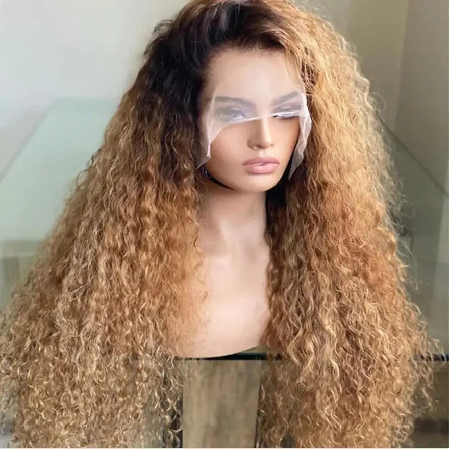 

Natural 180% Density Soft 26" Ombre Blond Kinky Curly Deep Lace Front Wig For Women BabyHair Glueless Preplucked Heat Resistant