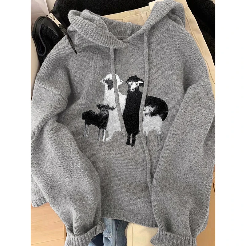 Grey Lamb Embroidery Round Neck Hooded Sweater Women\'s Autumn 2024 Design Feeling Lazy Loose Western Style Pullover Sweater