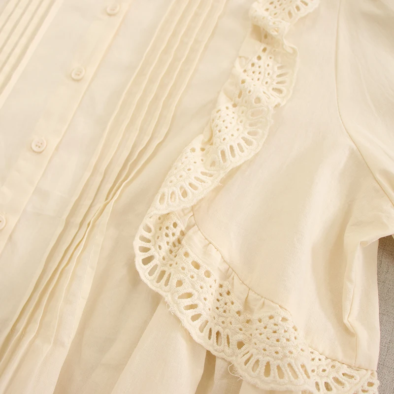 Japan Style Sweet Mori Girl  Boho White Embroidery Ruffled Shirts Woman Autumn Spring Elegant Casual Loose Cotton Blouses Tops
