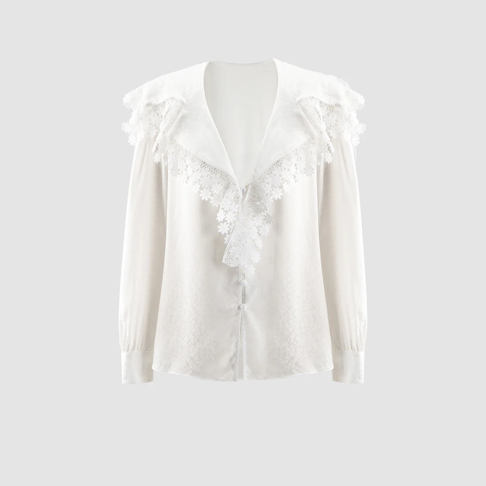 

Elegant Lace V-Neck Blouse Women New Spring 2026 Y2K Long Sleeve Satin Shirt Vintage Floral Lace Trim Office Lady Casual Tops