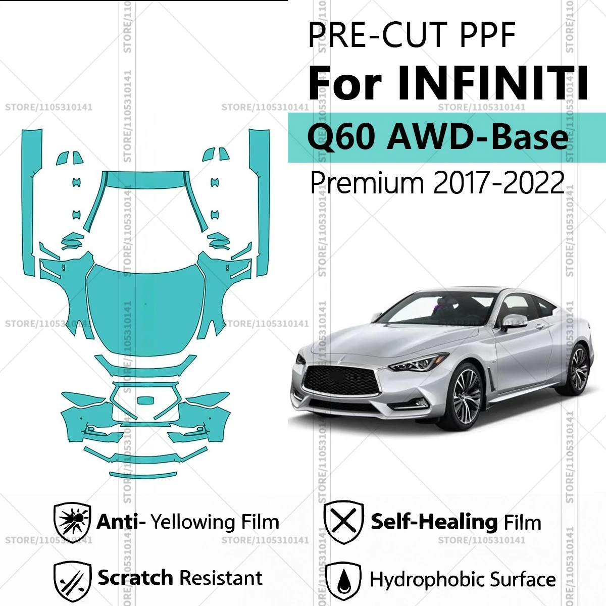 

Предварительно нарезанная прозрачная защитная пленка PPF для автомобилей, профессиональная автомобильная пленка PPF для INFINITI Q60 AWD-Base-Premium 2017-2022