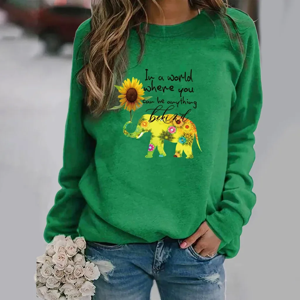 أمازون ايباي سريع البيع محطة مستقلة الفيل عباد الشمس الطباعة طويلة الأكمام جولة الرقبة البلوز المرأة طاقم الرقبة ثي #4