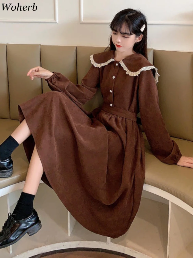 Y2k Chic Oversized Dress for Women Patchwork Robe Femme 2024 Vestidos De Mujer Sweet Peter Pan Collar Vintage Slim Waist Dresses