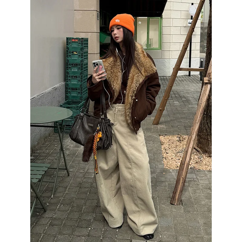 Benuynffy 2025 Autumn Winter Street Retro Fur Collar Thick Washed Jacket Women's Fashion Long Sleeve Warm Coats Woman Outerwear