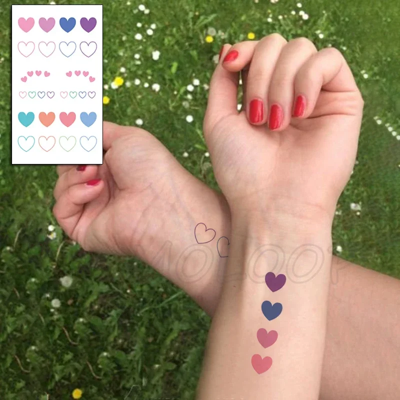 Colorfull Love Heart Tattoo Stickers Cute Sweet Small Body Art Temporary Fake Tattoo for Woman Kids 105*60 Mm