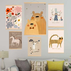 Cartoon Mouse Cheetah Rabbit Bear Unicorn Solid Wood Hanging Scrolls Painting Posters Prints Wall Pictures Baby Kids Room Decor