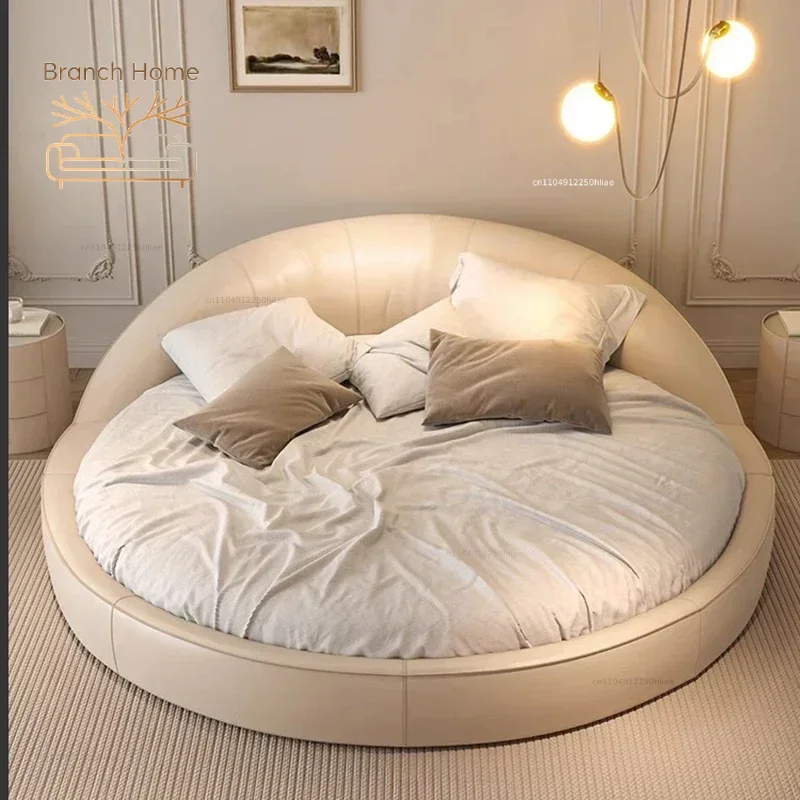 Italian Minimalist Aesthetics Round Bed Light Luxury Cream Wind Princess Bed Wedding Bedroom Sleeping Beliche Home Furniture