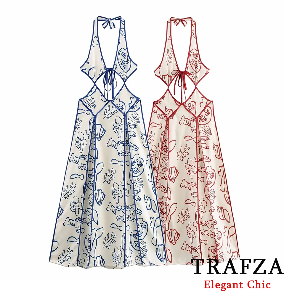 TRAFZA-Women Sexy Hanging Neck Floral Dress Hollowed Out Long Fashionable Dress New 2025 Spring Summer Picnic Beach Party Dress