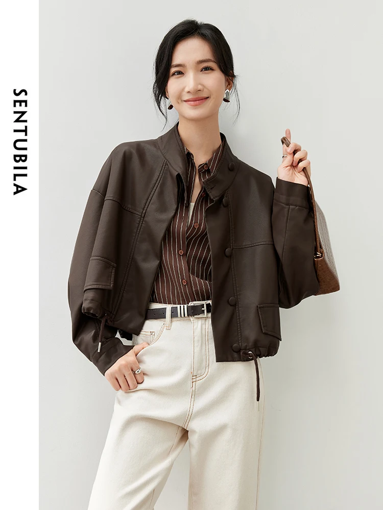 

SENTUBILA Women Solid Pu Leather Jackets Autumn Retro Casual Draw Rope Cropped Motorbike Jackets Cool Windproof OutwearW43G56875