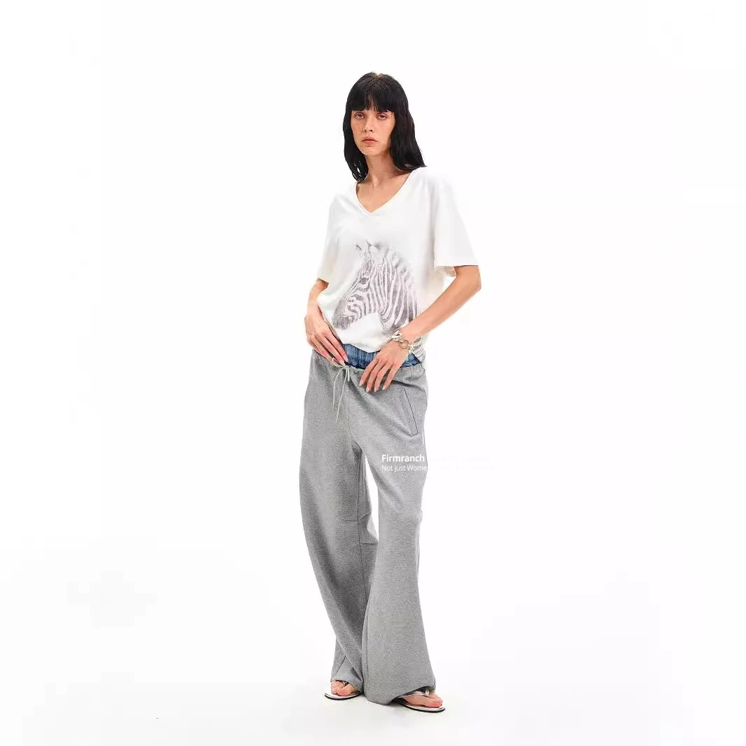 Firmranch American Retro Jennie Doppia vita Testa con coulisse Pantaloni casual Falsi due pezzi Pantaloni sportivi a forma di coltello curvo sciolto